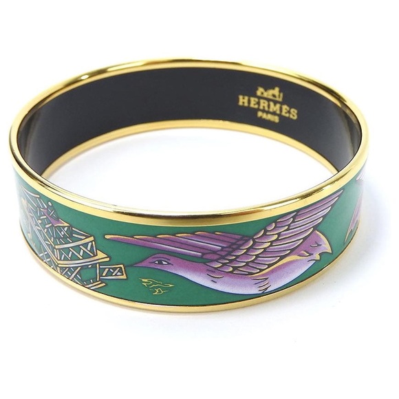 Hermès Enamel Cloisonné Wide Bangle Bracelet – Green & Purple Birds with Gold - Picture 1 of 7